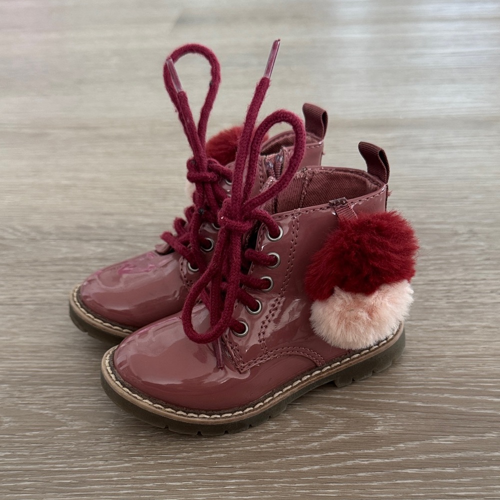 Zara Glossy Burgundy Kids Boots with Pom-Poms
